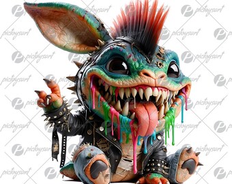 Funny bunny, Crazy rabbit dragon, Printable digital artwork, Cute cool hare, Wild smiling punk, Little animals in PNG