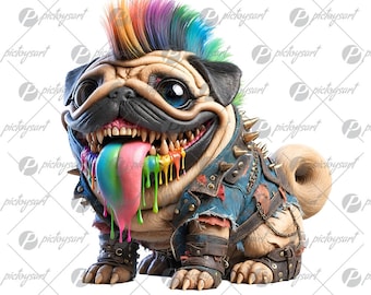 Pug punk, Sweet pets, Cool pet, Crazy doggy, Cute digital artwork, Funny smiling dog, Little animals in PNG