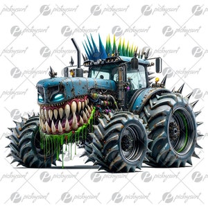 Monstruo de granja, Tractor loco punk, Bestia mecánica de sonrisa, Tractor de dibujos animados divertidos, Vehículo monstruo sonriente, Transporte genial, Vehículo lindo PNG