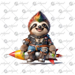 Perezoso genial en un cohete, Perezoso divertido y jungla de cohetes, Perezoso de dibujos animados, Regalo para niños, Animalito loco, Perezoso sonriente lindo, Punk volador PNG