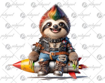 Cool sloth on rocket, Funny sloth and rocket jungle, Cartoon sloth, Child gift, Crazy little animal, Cute smiling sloth, Flying punk PNG