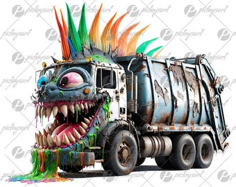 Crazy garbage truck punk, Urban beast illustration, Funny truck, Smiling monster car, Cool city transport, Cute vehicle PNG