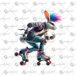 May include: A white rabbit with a mohawk hairstyle wearing a plaid shirt, ripped jeans, and roller skates. The rabbit is in mid-air, as if skating.