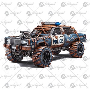 May include: A blue and brown, heavily modified, police car with a large, rusted engine and a sign that reads "POLICE".