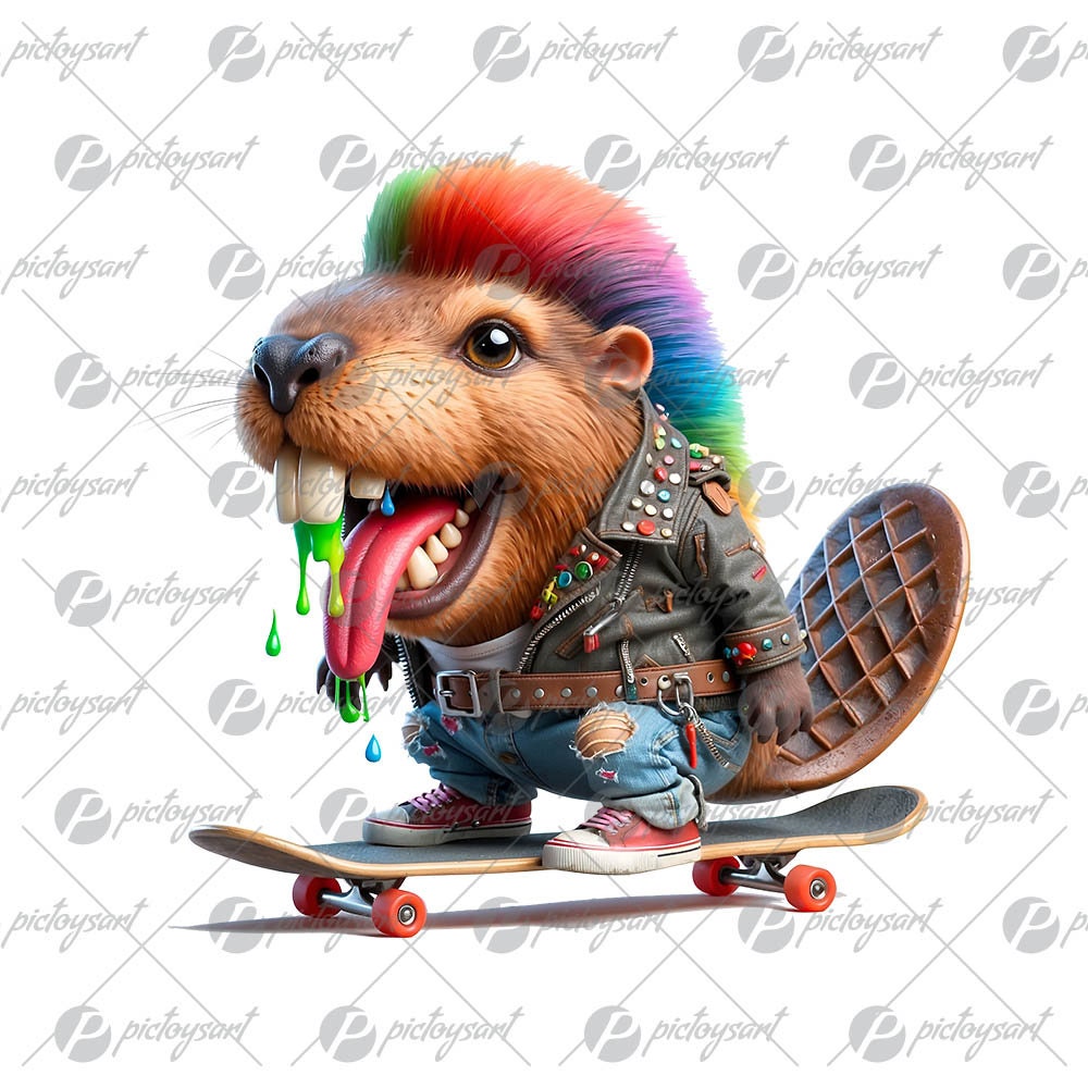 Crazy beaver skateboarder, Funny beaver on skateboard, Cartoon animals, Child gift, Urban sport, Cute skateboarding beaver, Cool punk PNG
