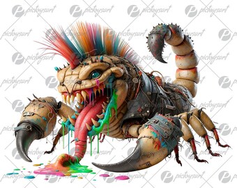 Scorpion crazy punk, Dangerous tail, Cartoon horror, Wild smiling monster, Funny gift, Cool insects in PNG