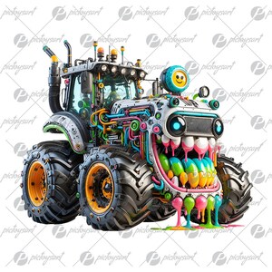 Może przedstawiać: Kolorowy, kreskówkowy traktor z szerokim, zębatym uśmiechem. Traktor jest wykonany z metalu i ma wiele rur i przewodów biegnących przez niego. Traktor kapie kolorową farbą.