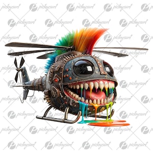 Regalo divertido de helicóptero, Sonrisa loca punk de helicóptero, Monstruo volador genial, Velocidad de vuelo loca, Transporte de dibujos animados en PNG