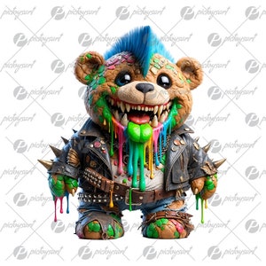 Op de afbeelding: Een kleurrijke, punk-achtige teddybeer met een mohawk, die een zwart leren jack met studs en een blauw denim vest draagt. De beer is bedekt met druipende verf in verschillende kleuren, waaronder groen, blauw, roze en geel.