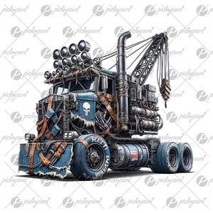 May include: A blue and silver, heavily modified, semi-truck with a large crane arm. The truck is covered in straps, chains, and other mechanical parts. The truck has a skull and crossbones painted on the front.
