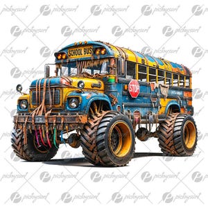 May include: A yellow and blue school bus with a rusty, weathered exterior. The bus has large, off-road tires and is decorated with straps and other embellishments. The bus has a "SCHOOL BUS" sign on the front and a "STOP" sign on the side.
