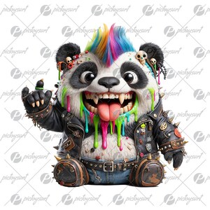 May include: A cartoon panda wearing a black leather jacket with spikes and colorful paint dripping down its fur. The panda has a mohawk hairstyle with rainbow colors and is sticking its tongue out.
