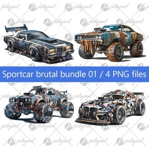May include: Four digital illustrations of heavily modified and weathered sports cars. The cars are in various states of disrepair, with exposed metal, rust, and patched-up bodywork. The cars are all in a dark blue, green, brown, and white colour scheme.