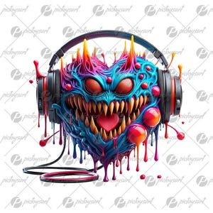 Cartoon cool heart, Funny heart in headphones, Monster music, Holiday gift for lovers, Celebration of love, Valentine Day, Smile heart PNG image 1