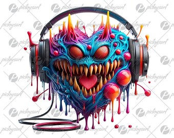 Cartoon cool heart, Funny heart in headphones, Monster music, Holiday gift for lovers, Celebration of love, Valentine Day, Smile heart PNG