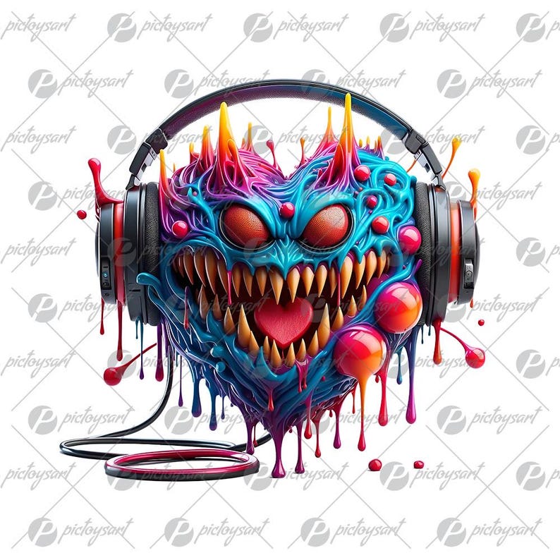 Cartoon cool heart, Funny heart in headphones, Monster music, Holiday gift for lovers, Celebration of love, Valentine Day, Smile heart PNG image 1