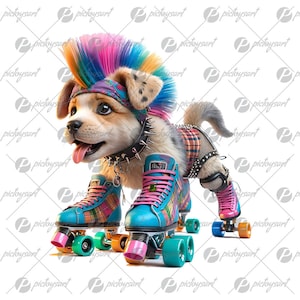 Roller skates puppy, Funny cartoon dog, Skating dogs, Gift for girls, Cute punk pets illustration, Cool doggy, Pretty animals printable PNG