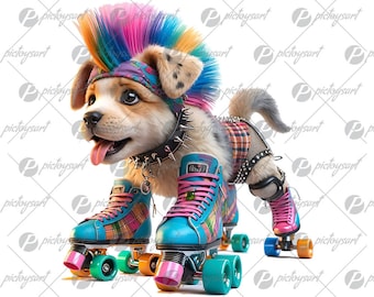 Roller skates puppy, Funny cartoon dog, Skating dogs, Gift for girls, Cute punk pets illustration, Cool doggy, Pretty animals printable PNG
