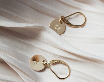 Custom Initial Earrings, Sterling Silver or 14K Gold Filled, Dangle Disc With Vintage initials, Single or Mismatched Pair