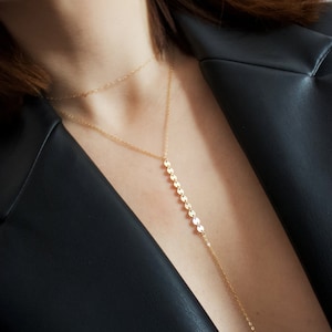 Lariat Necklace, Dainty Necklace, 14K Gold Filled or Sterling Silver, Long Y Necklace With Shimmer Disc Chain, Perfect For Layering Set