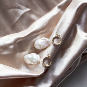 pearl earrings, large baroque pearl in 14k gold filled