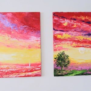 Set of Two Painting Tuscany Poppy Original ArtSaescape Sailboat Oil Painting Flowers Wall Art Small Artwork 6 by 4" by Julia Happy Art