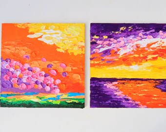 Set of Two Painting  Tuscany Lavender Fields Original Art Sea Landscape Artwork Painting on Canvas Small Art  5 by 5" by Julia Happy Art