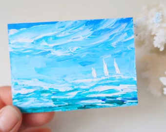 Sailboat Painting Original ACEO Artwork Hawaiian Art Seascape Hawaii Nautical Wall Art Impasto Oil Painting Above Bed Art by Julia Happy