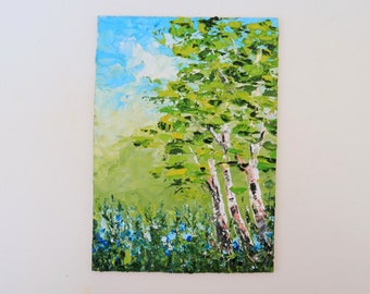 Birch Trees Painting Impasto Oil Trees Artwork Small Painting Wall Art Original Art Landscape Painting 10 by 8 in by Julia Happy Art