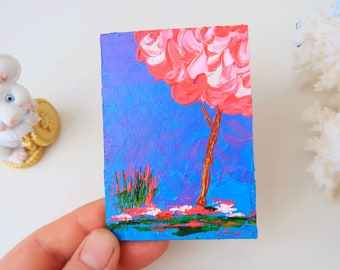 Tree Of Life Painting Cherry Blossom Original Art Landscape Art 3.5 by 2.5" by Julia Happy Art