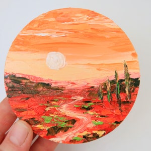 Pintura toscana papoula arte original pintura a óleo em tela flores arte de parede pequena arte redonda 4 por 4 "por julia happy art