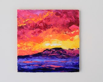 Sonnenuntergang Gemälde Meer Landschaft Ukrainer Original Kunst Wolken Impasto Strand Gemälde Küstenwand Kunst von 4 x 4 in Julia Happy Art