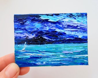 Sailboat Painting Original ACEO Artwork Hawaiian Art Seascape Hawaii Nautical Wall Art Impasto Oil Painting Above Bed Art by Julia Happy