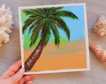 Hawaii Painting Original Artwork Palm Tree Small Painting Seascape Above Bed Art Tropical Beach Acrylic Painting 8 by 8 in  by Julia Happy