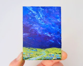 Texas Painting Original Artwork Bluebonnets Painting ACEO Wildflowers Small Artwork Impasto Painting 3.5 by 2.5" by Julia Happy Art