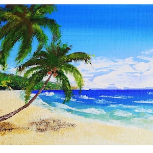 Hawaii Painting Original Artwork Palm Tree Small Painting Seascape Wall Art Tropical Beach Acrylic Painting 7 by 10 in by Julia Happy Art