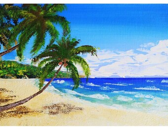 キャンバスに描かれた夕日のアクリル画、ヤシの木、オリジナルアート
