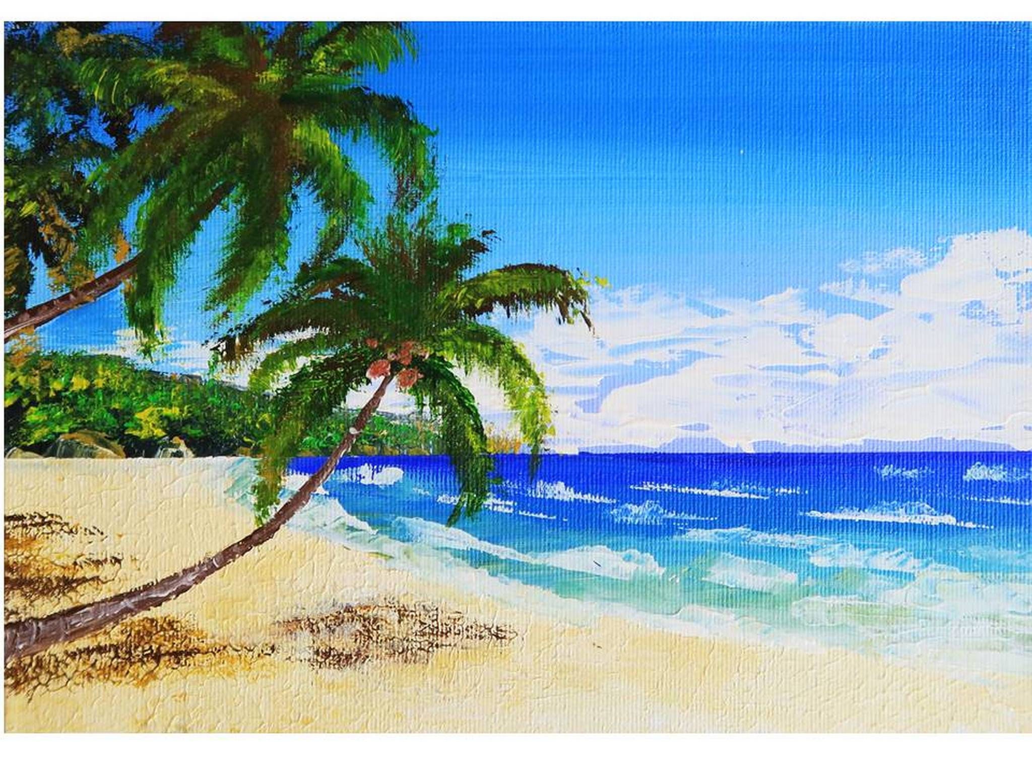 Beach Palms Landscape Tropical Miniature Impasto Oil Painting Canvas Ocean  Artwork Sea Beach Art Hawaii Wall Art Paradise Painting 