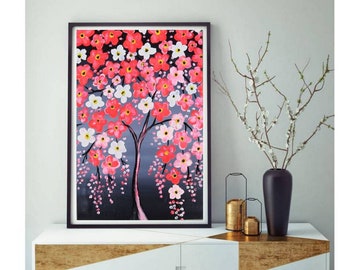 Tree Of Life Painting Cherry Blossom Original Art Landscape Canvas Art 12 by 8" by Julia Happy Art