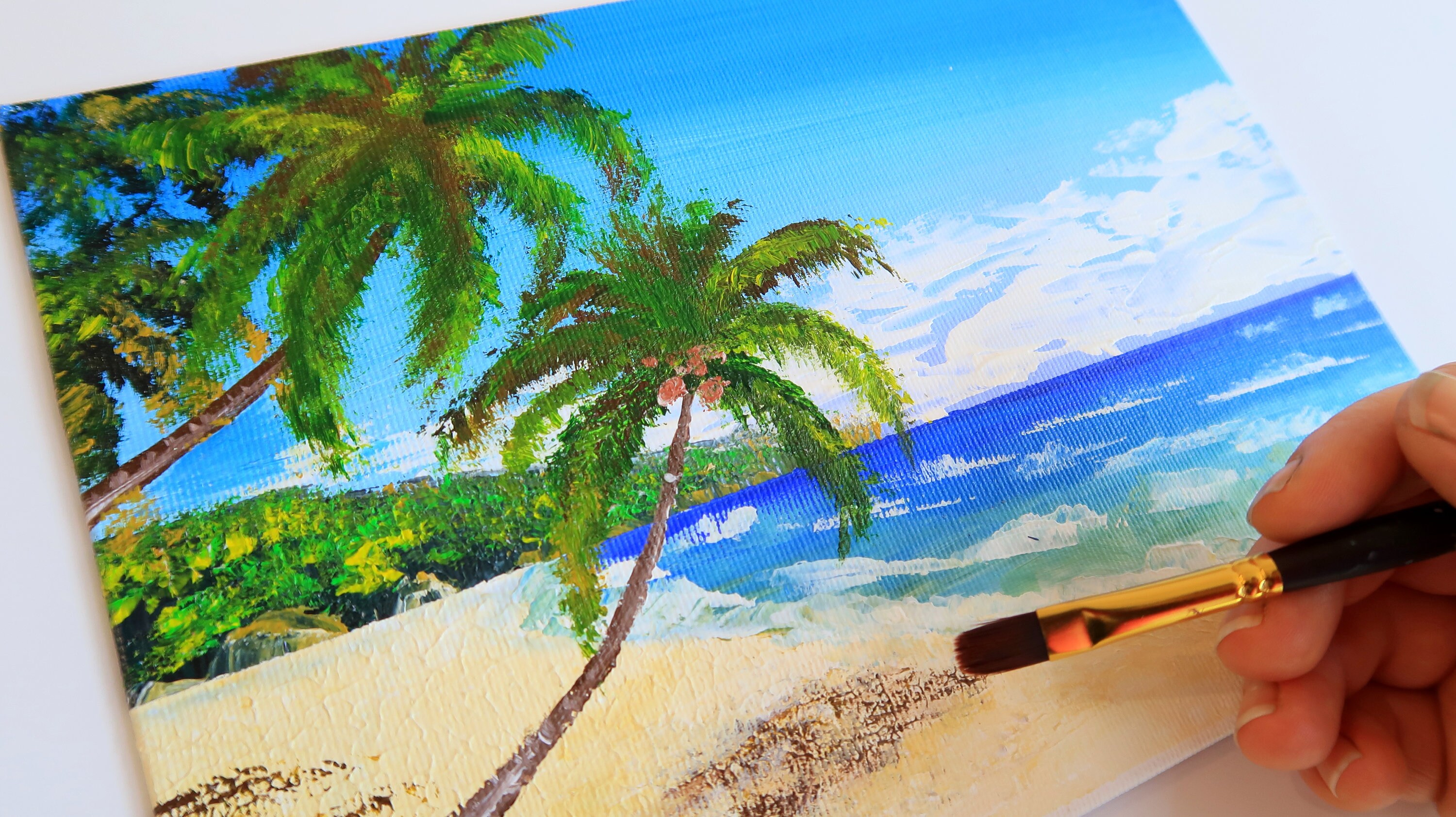 ハワイの絵画 オリジナルアートワーク ヤシの木 小さな絵画 海の景色