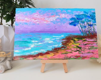 Monterey Painting Beach Original Art Lovers Point Seascape Oil Painting Small Original Artwork 5 by 8" Above Bed Art by Julia Happy