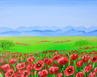 Tuscany Painting Poppy Original Art Acrylic Painting on Canvas Flowers Wall Art Small Artwork  7 by 9" by Julia Happy Art
