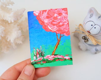 Tree Of Life Painting Cherry Blossom Original Art Landscape Art 3.5 by 2.5" by Julia Happy Art