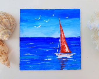 Sailboat Painting Original Artwork Hawaiian Art Seascape Hawaii Nautical Wall Art Impasto Oil Painting Above Bed Art by Julia Happy