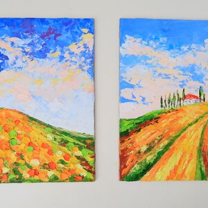 Pintura da Toscana Girassol Conjunto de Arte Original de Duas Pinturas a Óleo Impasto Flores Arte de Parede Pequena Obra de Arte 6 por 4 "por Julia Happy Art