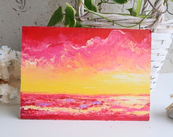 Sonnenuntergang Gemälde Meereslandschaft Original Kunst Wolken Impasto Strand Gemälde Küstenwand Kunst Himmel Kleines Kunstwerk von 5 x 7 in Julia Happy Art