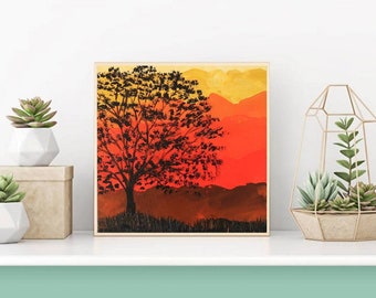 Tree Small Painting Sunset acrylic Painting on Canvas Texas Foggy Forest Art Original Painting Wood Wall Art 7 by 7 in by Julia Happy Art