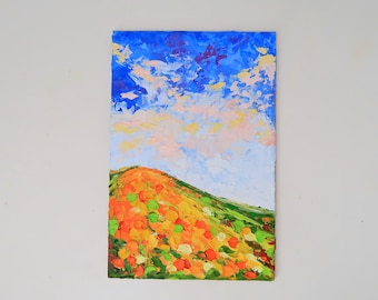 California Yellow Poppy Painting Floral Mini Original Art Seascape Impasto Oil Painting Poppy Wall Art 6 por 4 " por Julia Happy Art