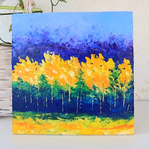 Malowanie brzóz Impasto Olej Jesienne drzewa Dzieło sztuki Mały obraz Sztuka ścienna Oryginalna sztuka Malowanie krajobrazu 6 na 6 cali autorstwa Julii Happy Art