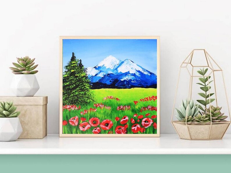 Tuscany Painting Poppy Original Art Acrylic Painting on Canvas Flowers Wall Art Small Artwork 7 by 7 by Julia Happy Art